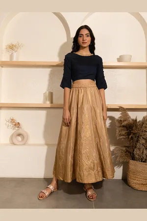 Elleven Women Beige & Golden Printed Flared Midi Skirt