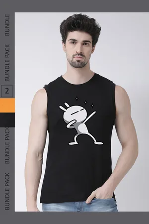 Friskers Pack Of 2 Graphic Printed Sleeveless Slim Fit Pure Cotton Sports T-shirt