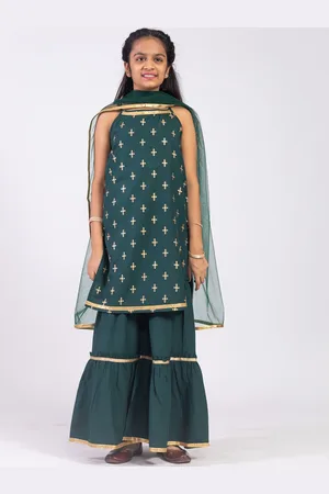 HERE&NOW Girls Green & Gold-Toned Ethnic Motifs Printed Kurta with Sharara & Dupatta