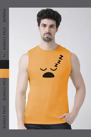 Friskers Pack Of 2 Printed Sleeveless Slim Fit Pure Cotton Sports T-shirt
