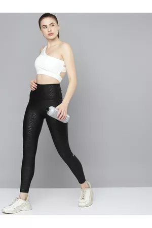 Fitkin Women Black & Charcoal Grey Zebra Print Rapid Dry Training Tights