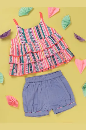 Nauti Nati Girls Pink & Blue Printed Top with Shorts