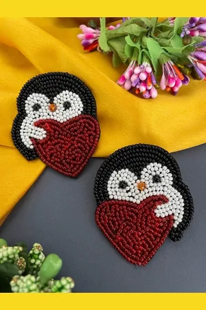 Digital Dress Room Beaded Penguin Heart Drop Earrings