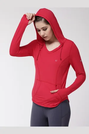 Fitkin Women Red Self Design Hood Training T-shirt