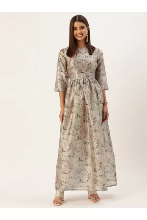 Ethnovog Women Khaki Grey Made To Measure Floral Digital Print Art Silk Anarkali Kurta