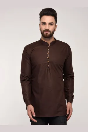 Kaifoo Men Brown Solid Cotton Kurta