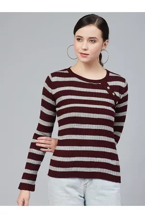 Cayman Women Burgundy & Grey Melange Striped Pullover Acrylic Sweater