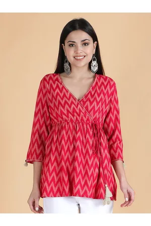 HERE&NOW Red & White Geometric Printed V-Neck Angrakha Kurti