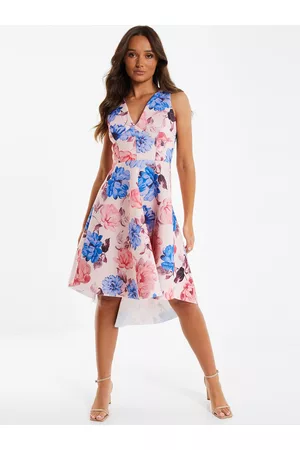 Quiz Women Printed Dresses - Floral Printed V-Neck High Low A-Line Dress