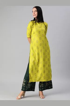 Ethnovog Women Lime Green Gold-Coloured Printed Made to Measure Straight Kurta