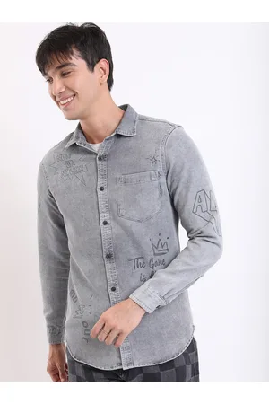 Ketch Typography Printed Spread Collar Denim Slim Fit Casual Shirt
