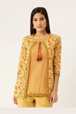 FABRIC FITOOR Women Mustard Yellow & Orange Printed Pure Cotton Top with Ethnic Jacket