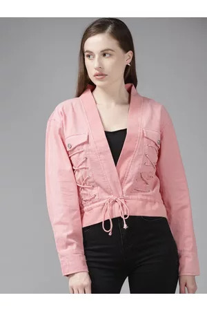 The Dry State Women Pink Corduroy Crop Open Front Jacket
