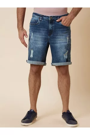 Globus Men Stretchable Mid-Rise Distressed Washed Denim Shorts