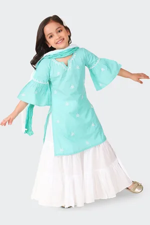 Fabindia Girls Ethnic Embroidered Bell Sleeves Pure Cotton Kurta with Sharara & Dupatta