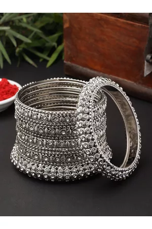 Zeneme Set Of 6 Silver-Plated Stone-Studded Bangles