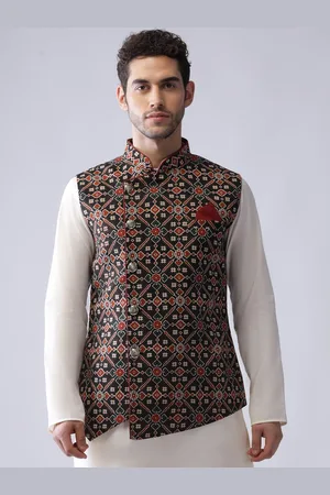 KISAH Ethnic Motif Printed Nehru Jacket With Pocket Square