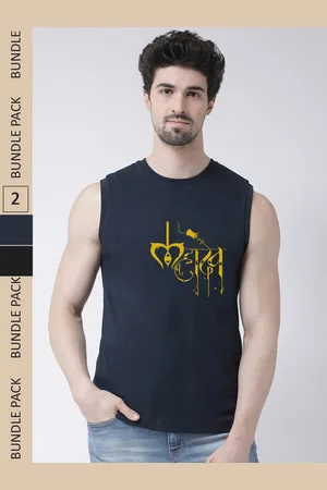 Friskers Pack Of 2 Typography Printed Sleeveless Slim Fit Pure Cotton Sports T-shirt