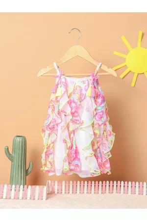 Nauti Nati Infant Girls Multicoloured Floral & Butterfly Print Ruffled A-Line Dress