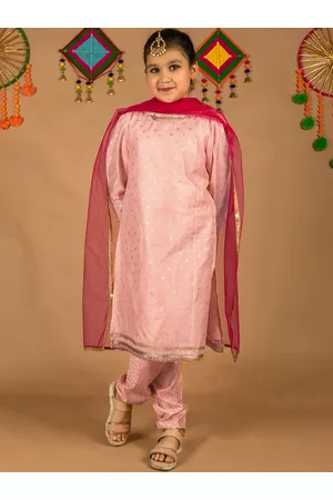 HERE&NOW Girls Pink & Gold-Toned Gotta Patti Kurta with Trouser & Dupatta