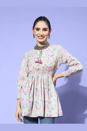 Ishin Floral Printed Tie-Up Neck Pure Cotton Top