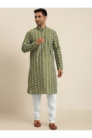 SOJANYA Men Olive Green & White Embroidered Kurta with Churidar
