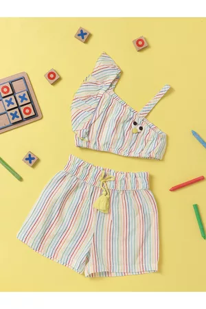 Nauti Nati Girls Multicoloured Vertical Striped Pure Cotton Co-Ord Set