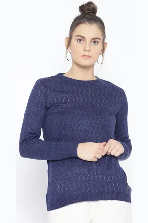 Cayman Women Navy Blue Self Design Sweater