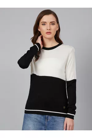 Cayman Women Black & Off-White Colourblocked Pullover Acrylic Sweater