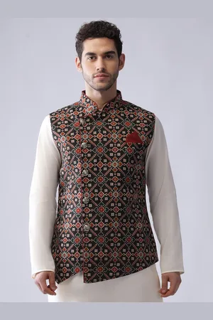 KISAH Ethnic Motifs Printed Nehru Jacket with Pocket Square