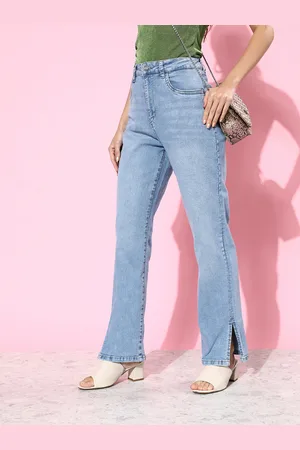Mast & Harbour Women Beryl Blue Straight Fit Heavy Fade Romance Ramble Slit Jeans