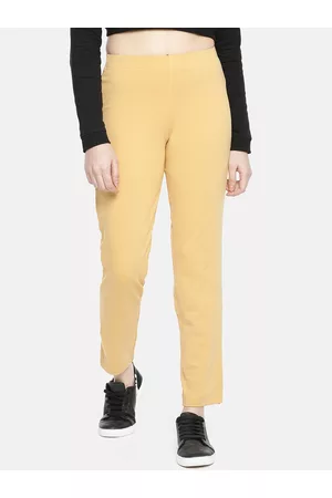 Dollar Missy Women Beige Smart Straight Fit Solid Cigarette Trousers