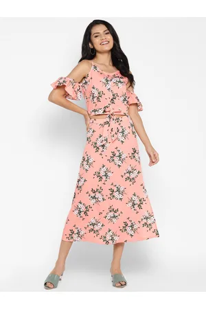 DEEBACO Women Peach-Coloured & White Printed Top with Skirt