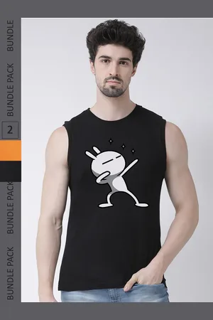 Friskers Pack Of 2 Graphic Printed Sleeveless Slim Fit Pure Cotton Sports T-shirt