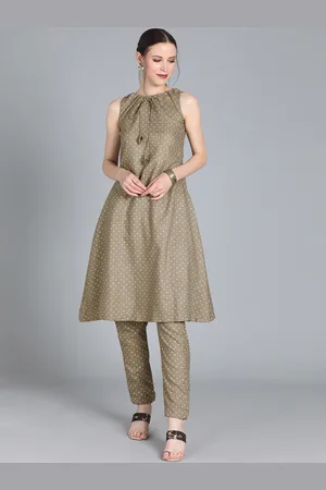 Ethnovog Women Olive Green Off-White Printed Made to Measure Kurta with Trousers
