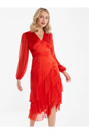 Quiz Women Midi Dresses - V-Neck Puff Sleeve Layered Midi Wrap Dress