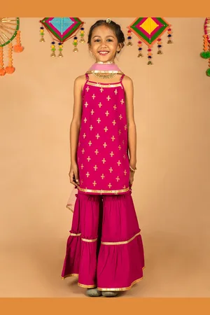HERE&NOW Girls Pink & Gold-toned Ethnic Motifs Printed Kurta with Sharara & Dupatta
