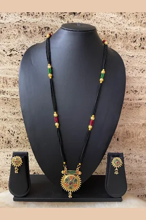 Digital Dress Room Gold-Plated Black & Red Stone-Studded Beaded Mangalsutra Set