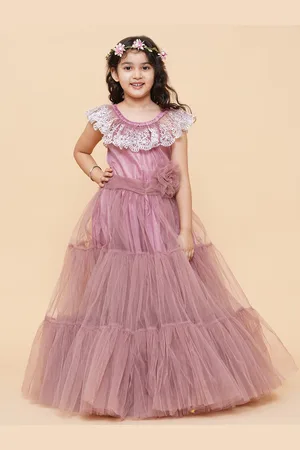 Bhama Girls Flutter Sleeves Embroidered Tiered Net Gown