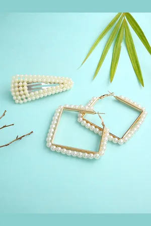 justpeachy Gold-Plated Square Hoop Earrings With Hair Clip