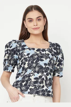 RAASSIO Navy Blue & White Floral Print Top