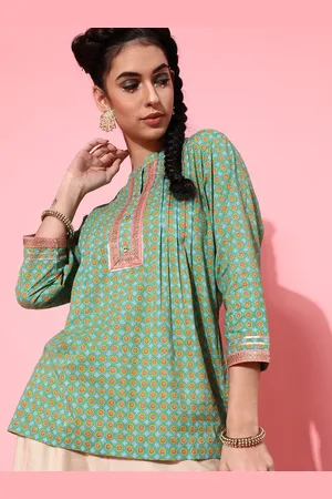 indo street Printed Pleated Mandarin Collar Pure Cotton Kurti