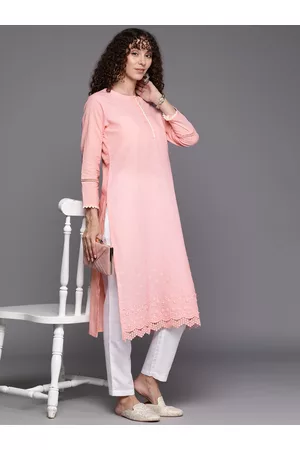 Inddus Women Floral Embroidered Chikankari Thread Work Kurta with Trousers