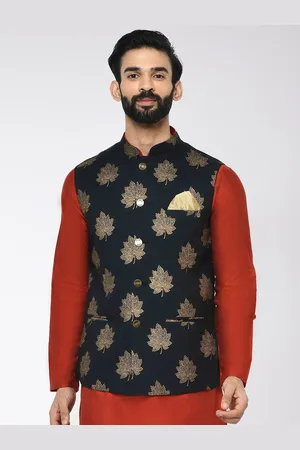 KISAH Floral Printed Nehru Jackets With Pocket Square