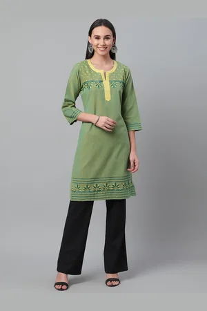 akheri Women Green & Yellow Yoke Design Chikankari Embroidered Mangalgiri Straight Kurta