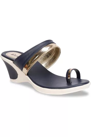 Denill Women Blue & Gold-Toned Colourblocked Wedge Sandals