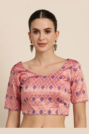 Mimosa Women Pink & Blue Woven Design Readymade Saree Blouse