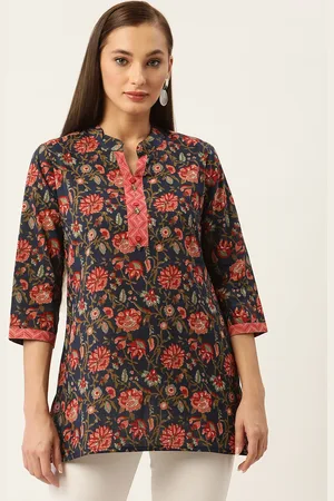 FABRIC FITOOR Navy Blue & Peach-Coloured Floral Printed Pure Cotton Kurti