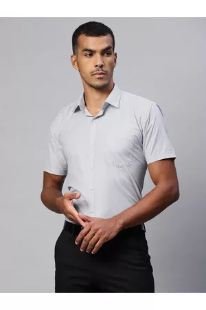 MANQ Men Grey Solid Short Sleeves Spread Collar Formal Shirt