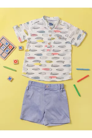 Nauti Nati Boys White & Blue Printed Pure Cotton Shirt with Shorts